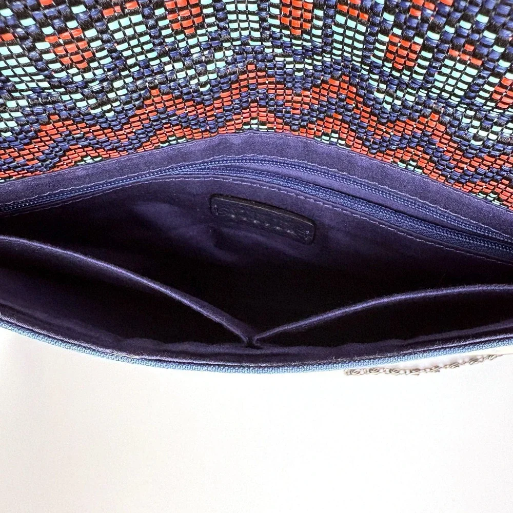 Steve Madden Josa Tassel & Bead Clutch Navy Coral Turquise Metal Strap Boho Fest